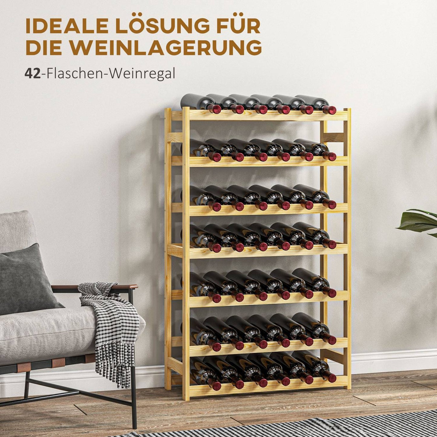 Wooden wine rack, 42 bottles, 7 levels, tip protection