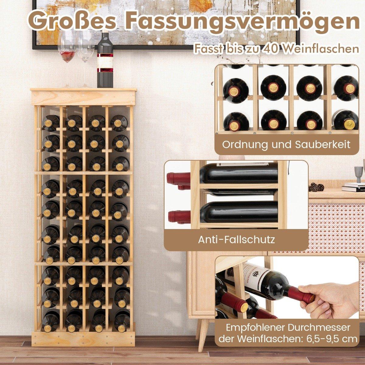 Wine rack made of solid wood for 40 bottles with anti-tip protection, wine holder, natural