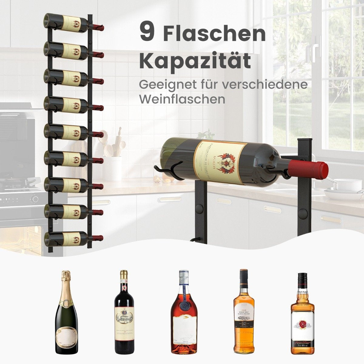 Wine rack wall for 9 wine bottles metal bottle holder 22 x 13.5 x 109 cm black