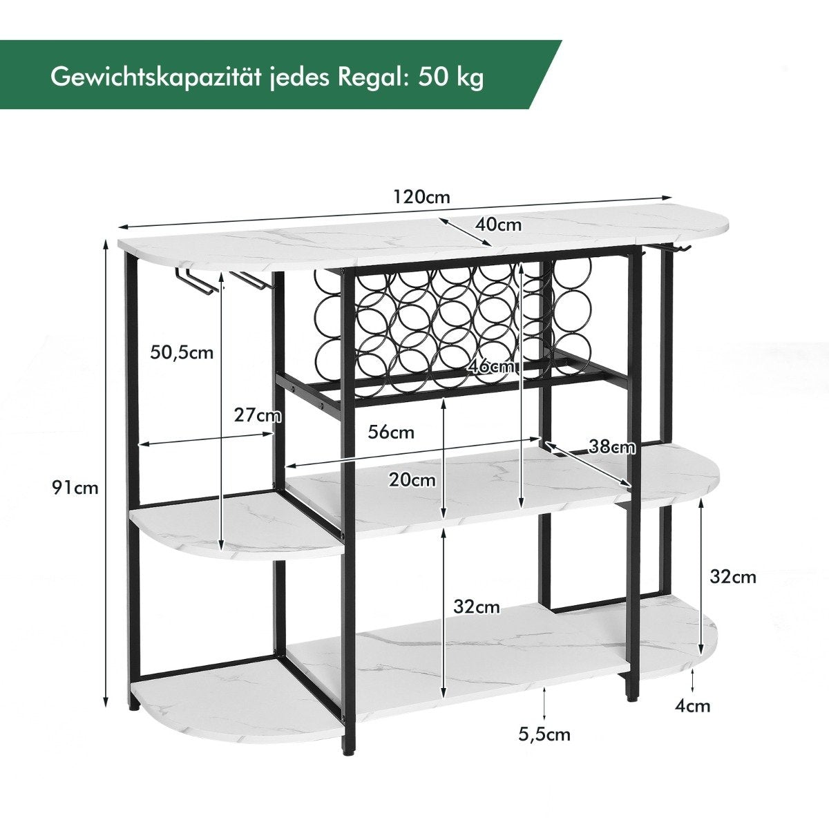 Wine rack with glass holder & shelves 3 levels bottle rack for 18 wine bottles & 8 glasses 120 x 40 x 91 cm white