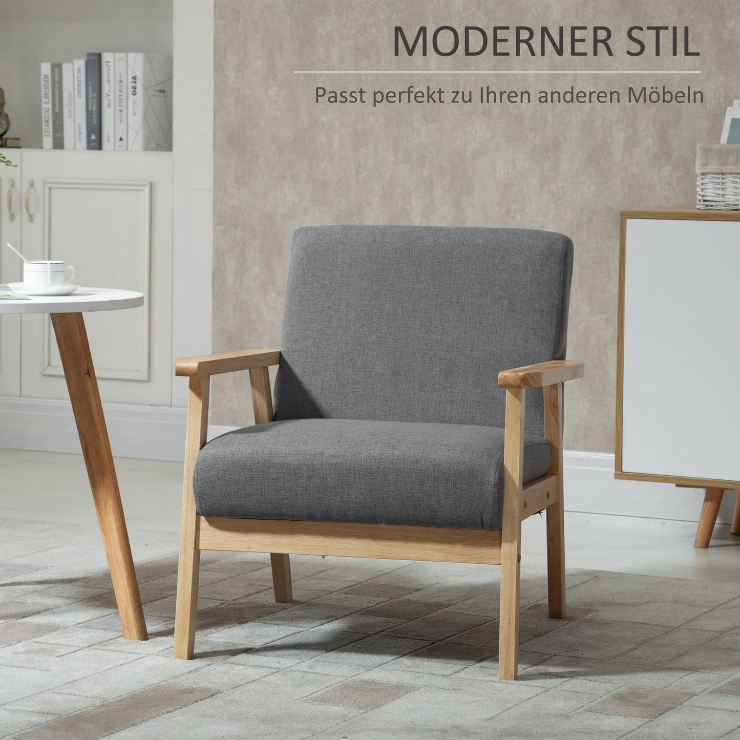 Gray upholstered wing chair - solid wood, linen finish