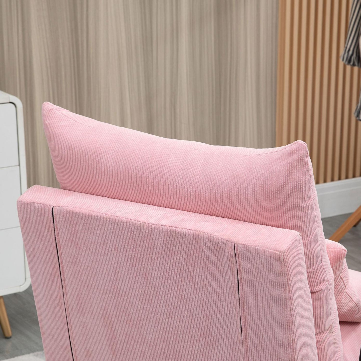 Wing chair with stool, tilting backrest, pink upholstery