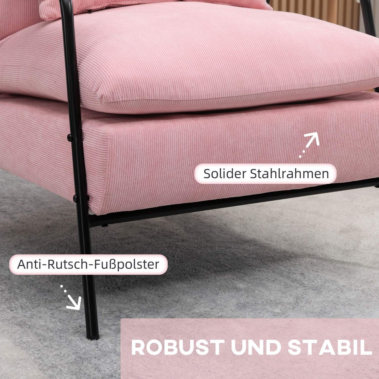 Wing chair with stool, tilting backrest, pink upholstery