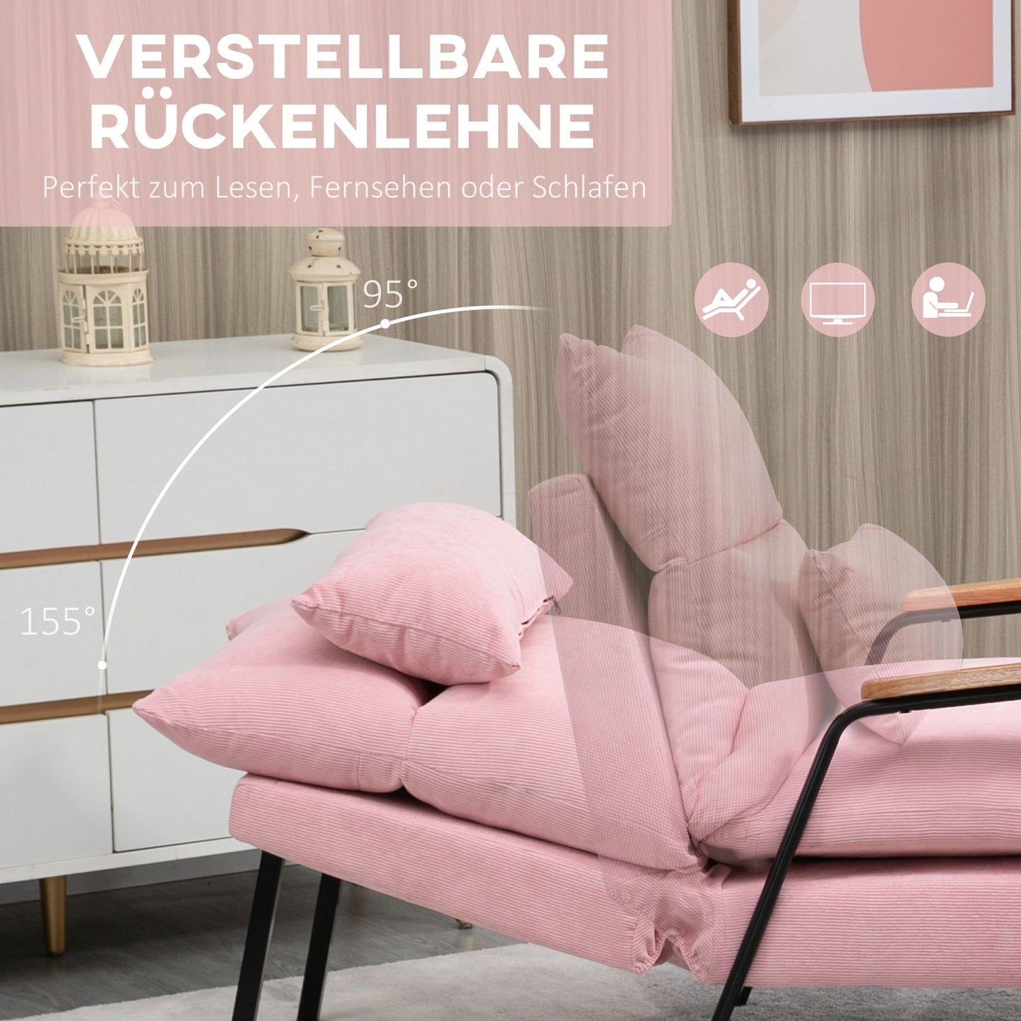 Wing chair with stool, tilting backrest, pink upholstery