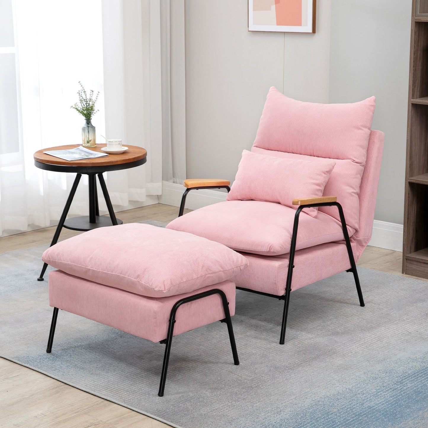 Wing chair with stool, tilting backrest, pink upholstery