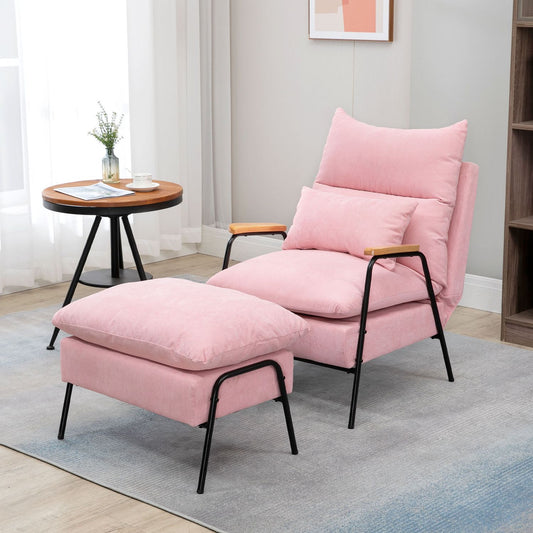 Wing chair with stool, tilting backrest, pink upholstery