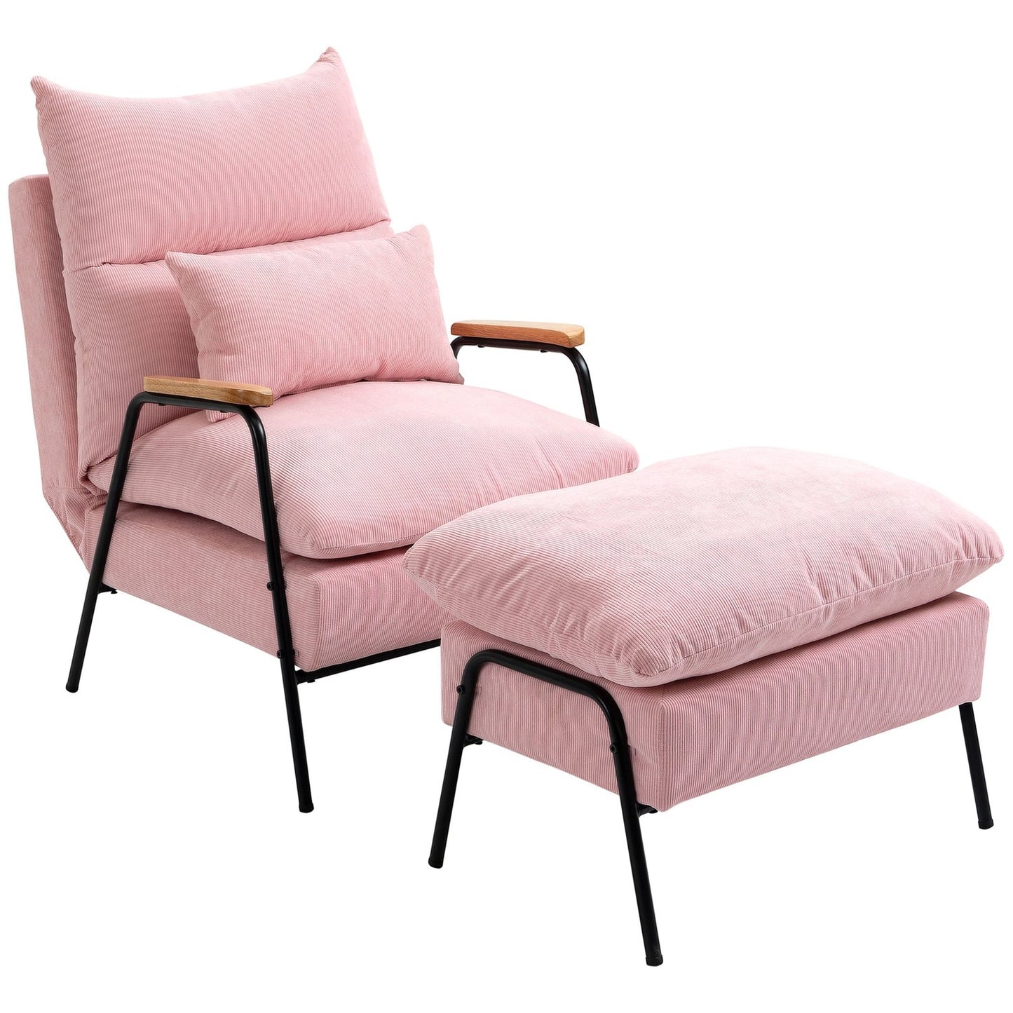 Wing chair with stool, tilting backrest, pink upholstery