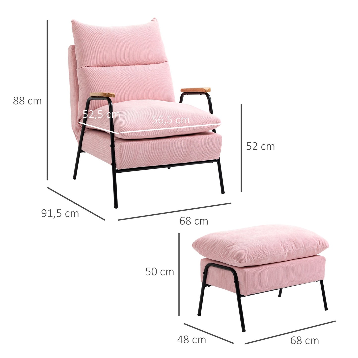 Wing chair with stool, tilting backrest, pink upholstery