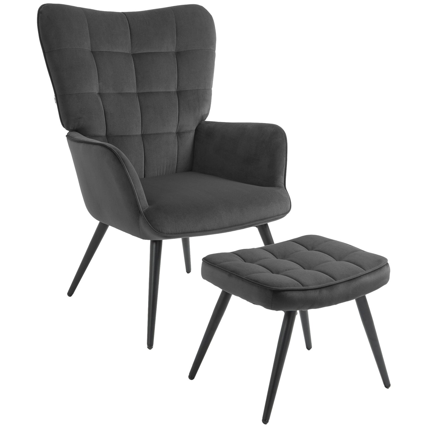 Dark gray wing chair and stool in velvet appearance, 120 kg capacity