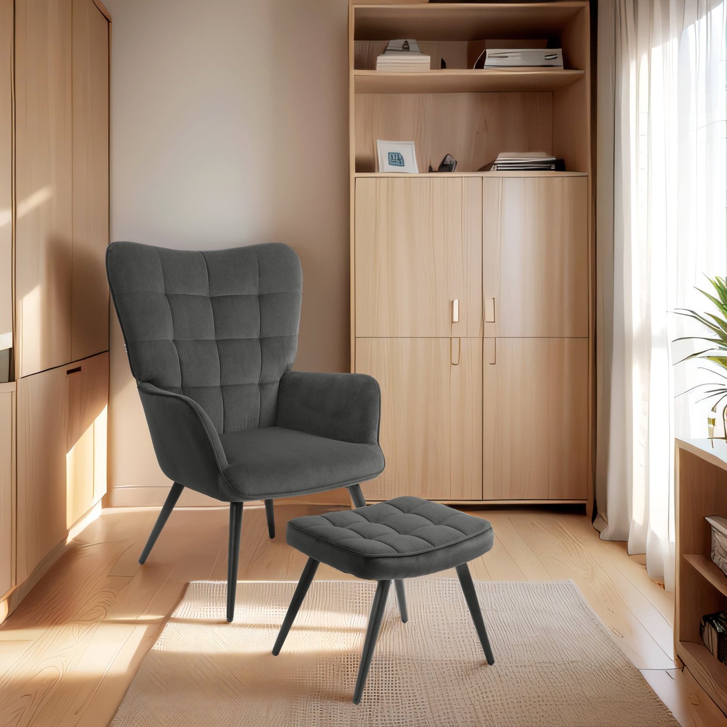 Dark gray wing chair and stool in velvet appearance, 120 kg capacity