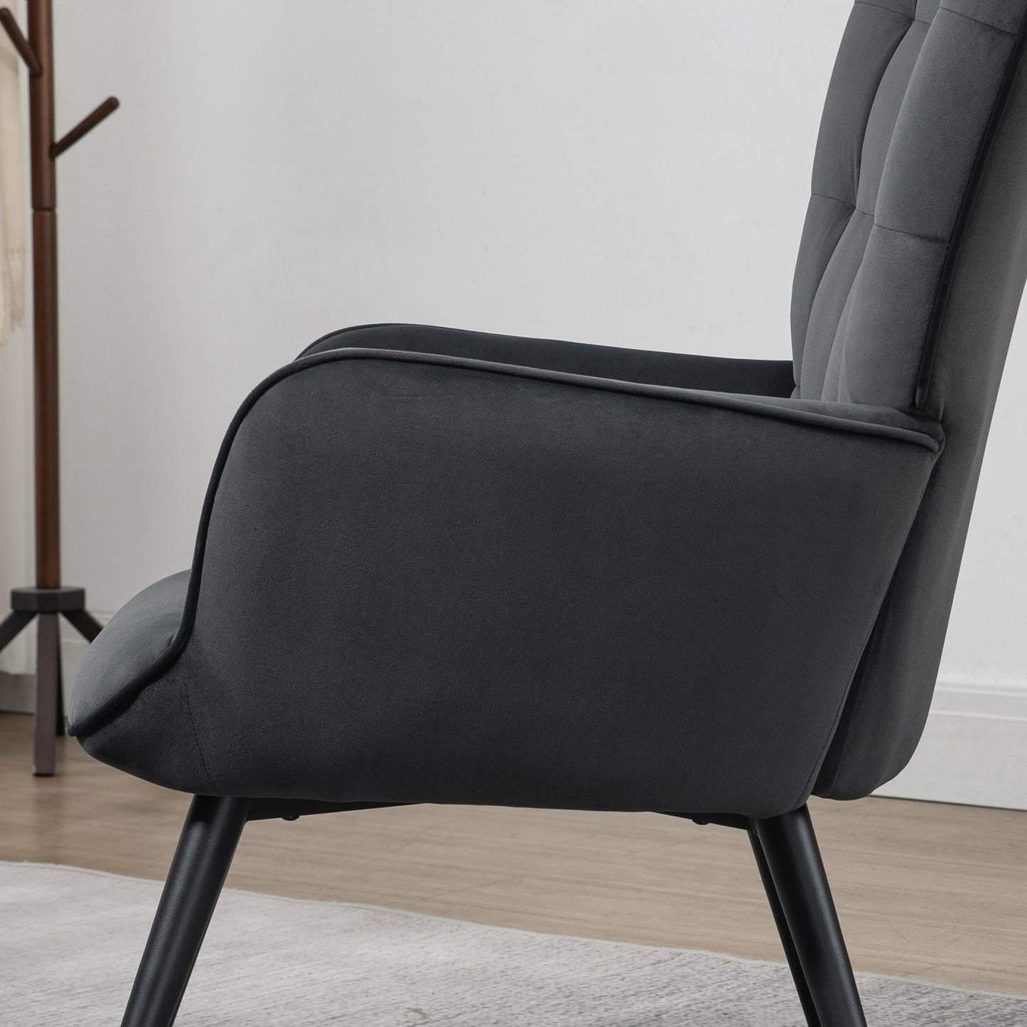Dark gray wing chair and stool in velvet appearance, 120 kg capacity