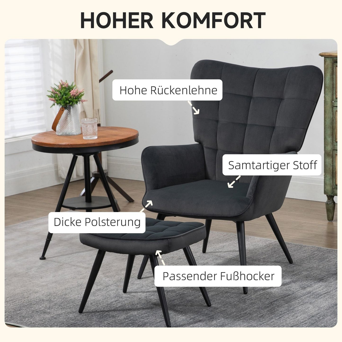 Dark gray wing chair and stool in velvet appearance, 120 kg capacity