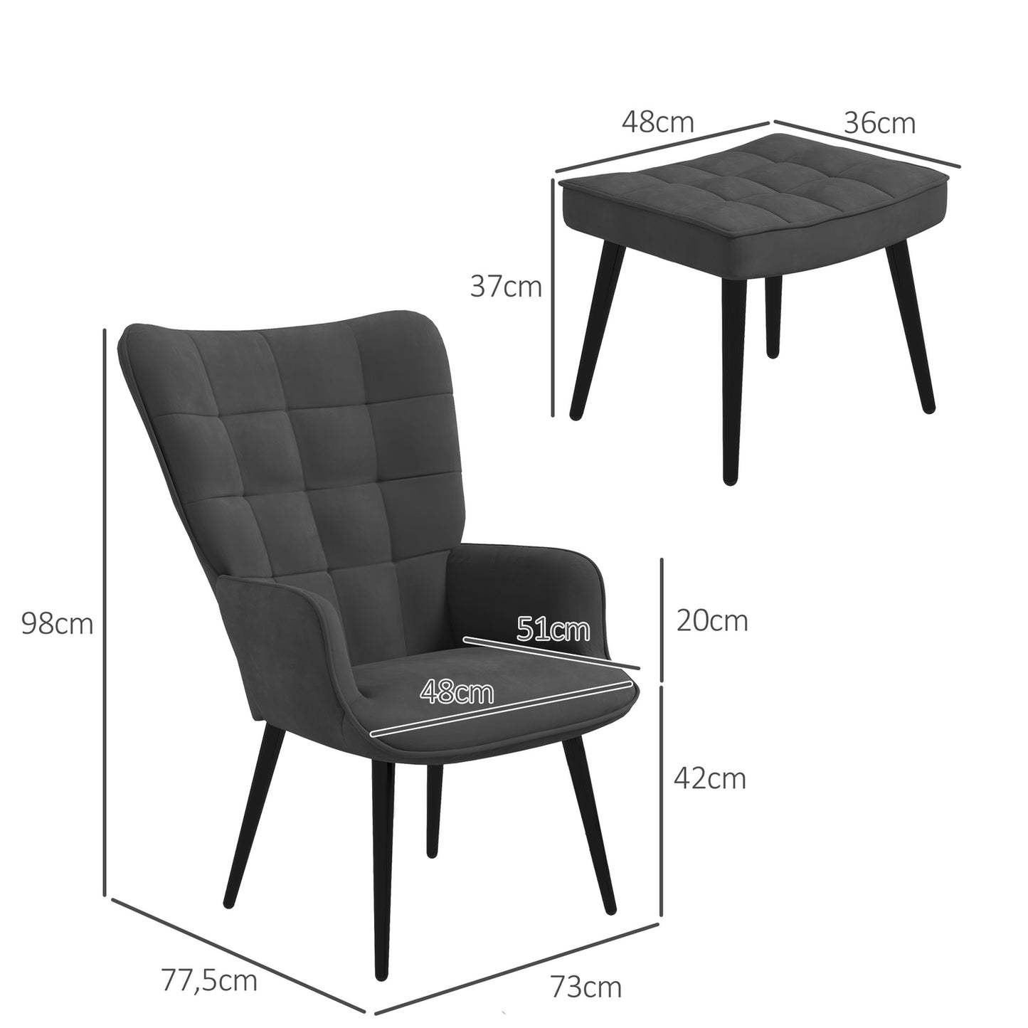 Dark gray wing chair and stool in velvet appearance, 120 kg capacity