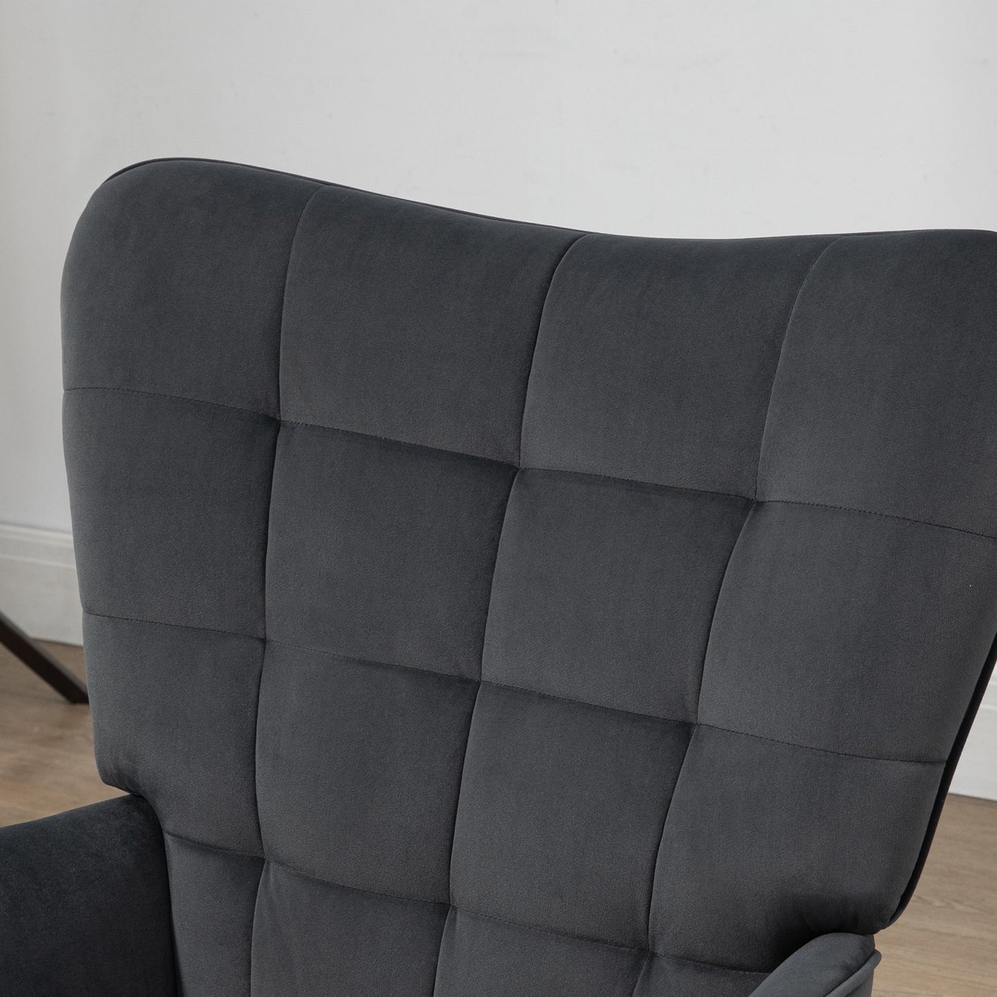Dark gray wing chair and stool in velvet appearance, 120 kg capacity