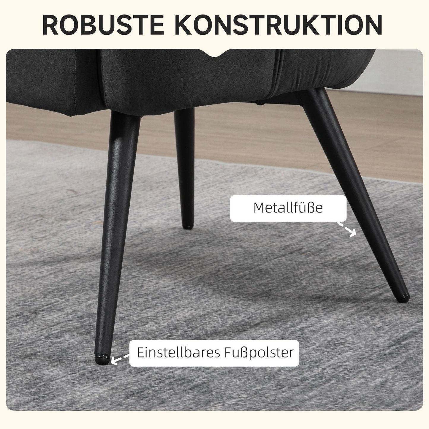 Dark gray wing chair and stool in velvet appearance, 120 kg capacity