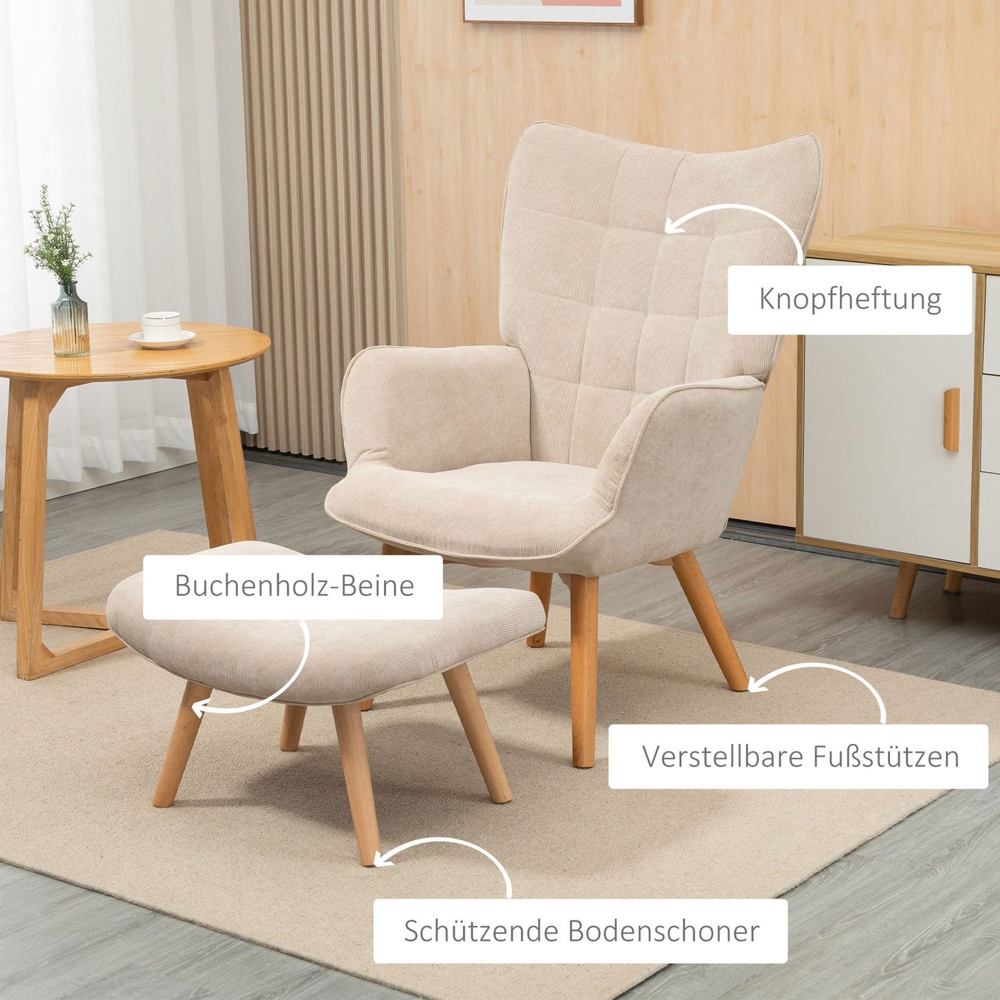 Manchester Lounge Wing Chair with Ottoman, beige upholstery