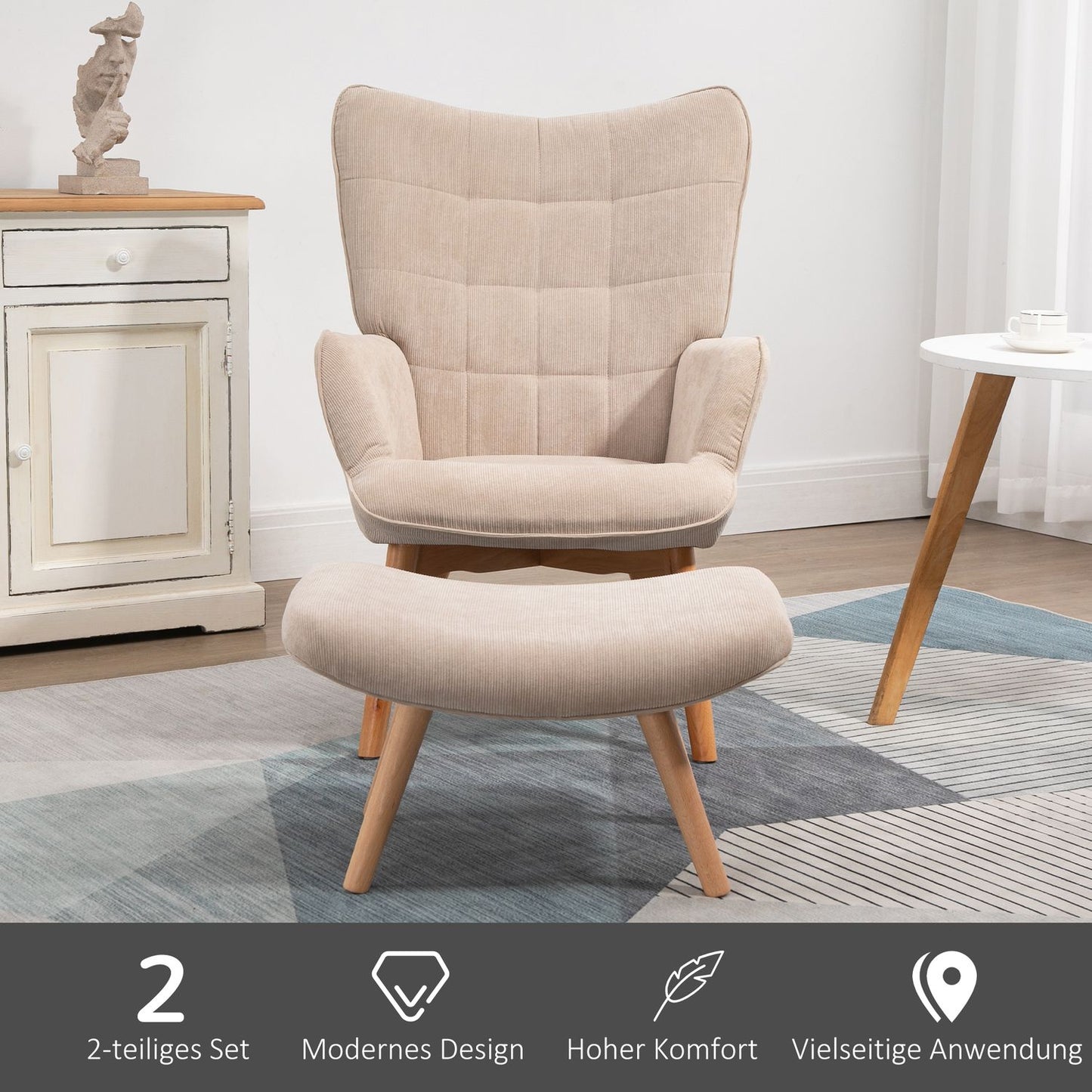 Manchester Lounge Wing Chair with Ottoman, beige upholstery