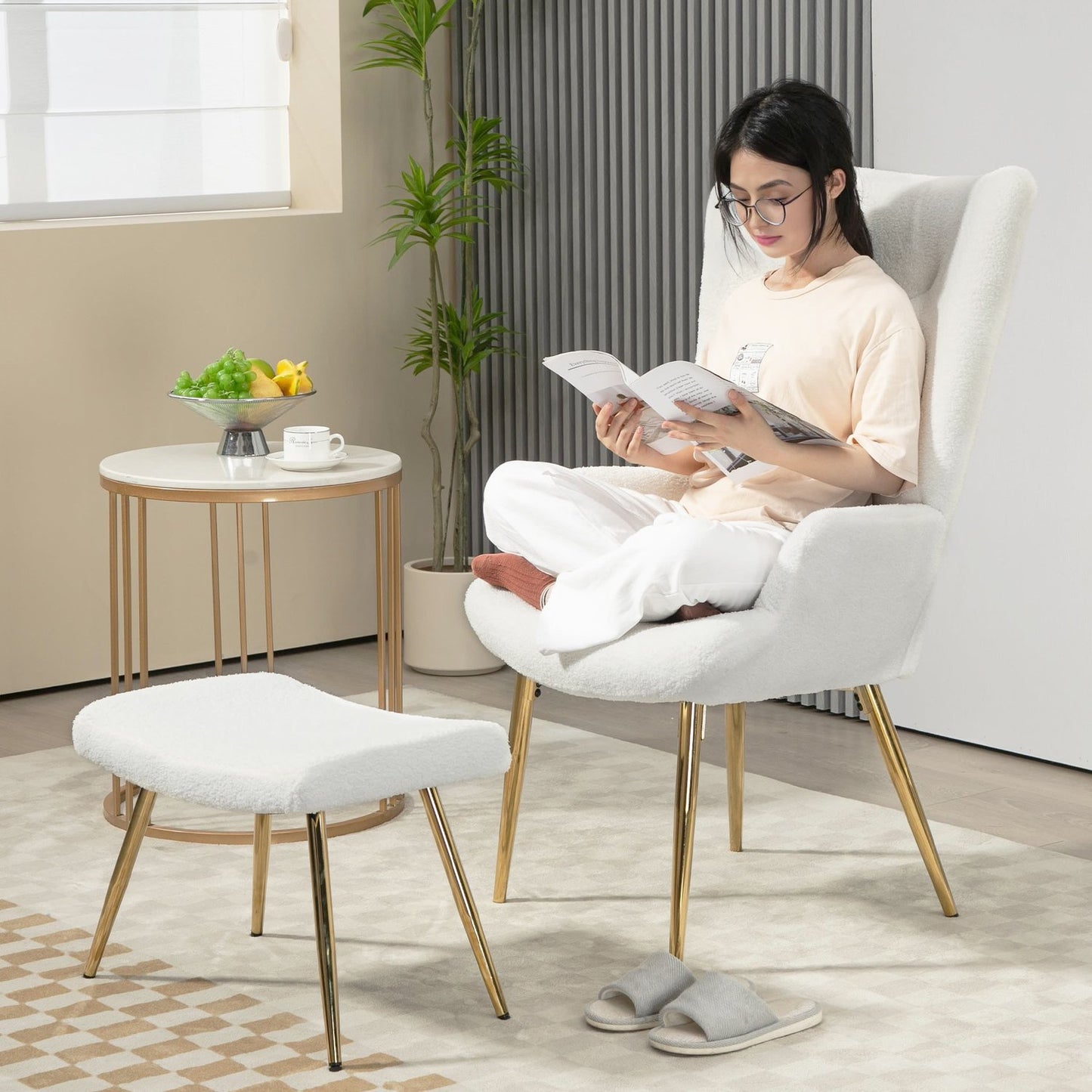 White Wing Chair with Stool - Sherpa Cover, High Back
