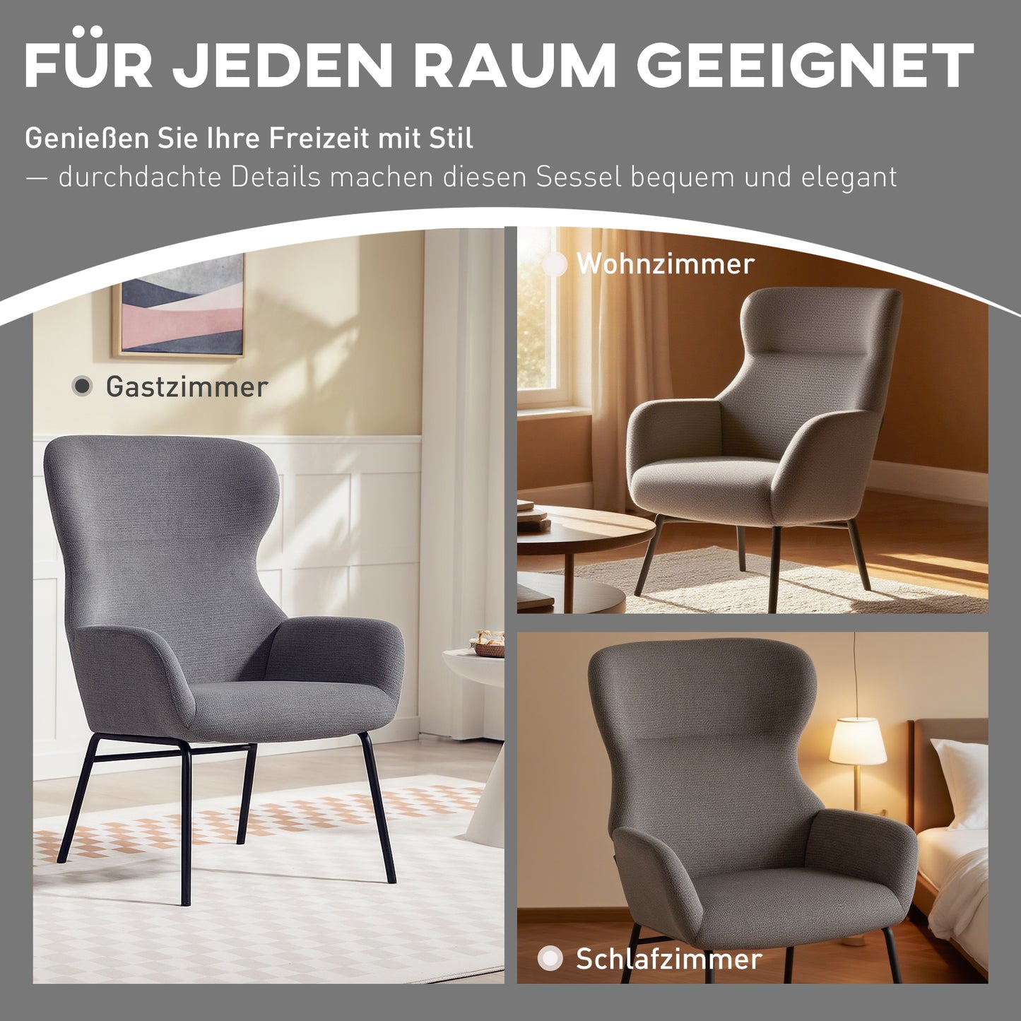 Wingback Accent Chair, High Back, Thick Cushion, Gray