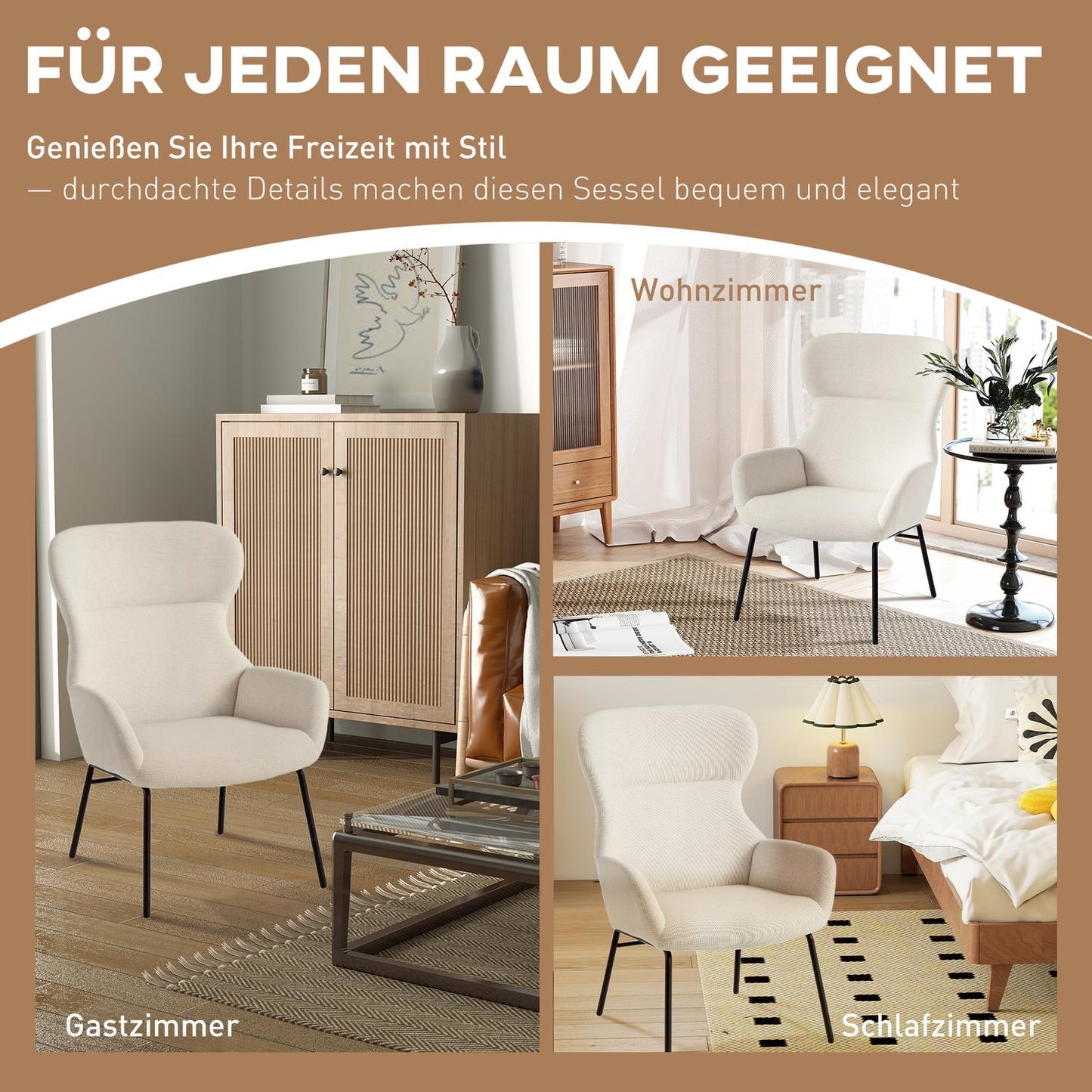 Wingback Chair, High Back, Thick Cushion, Steel Legs, Cream