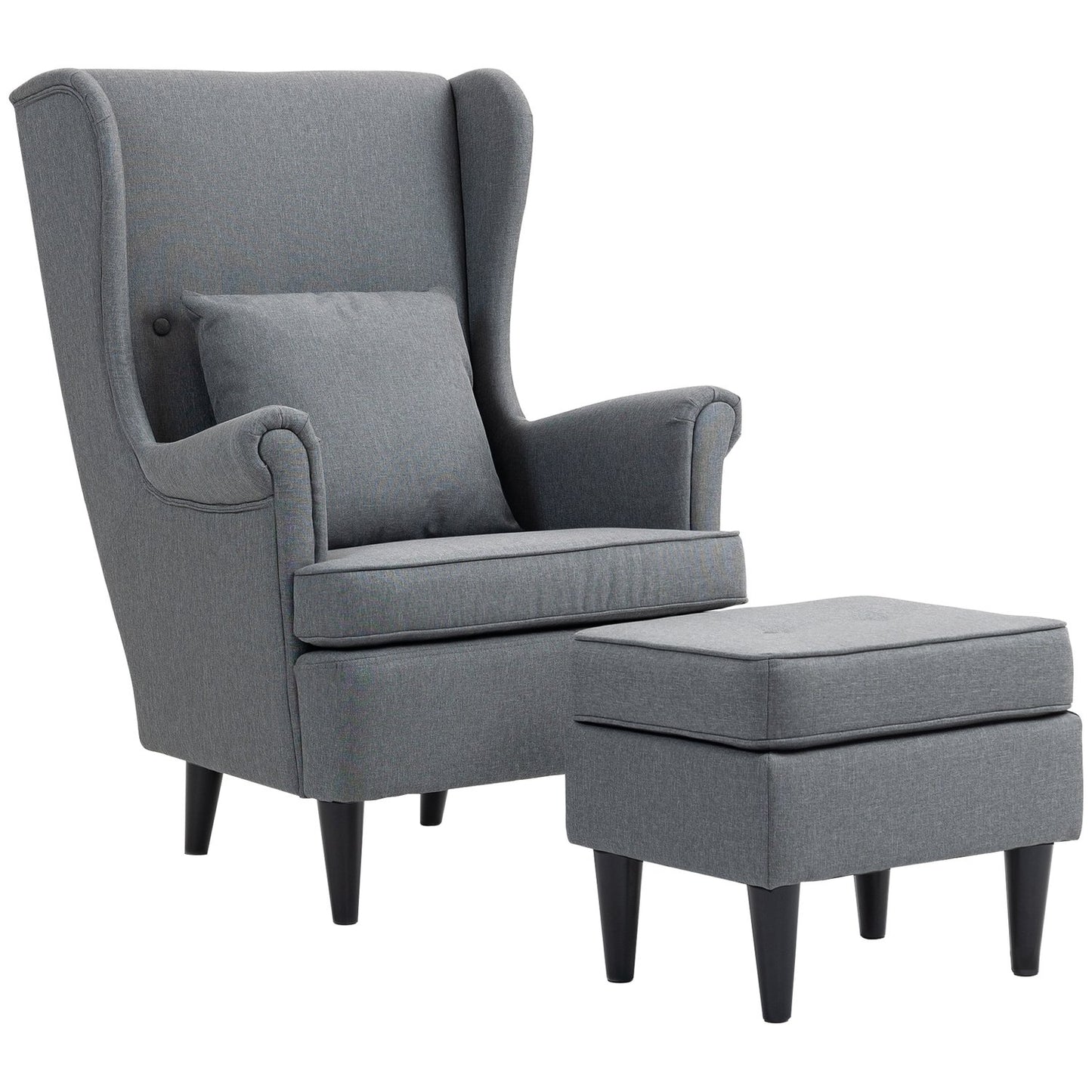 Wingback Chair with Ottoman, Gray Fabric, Rubberwood Legs