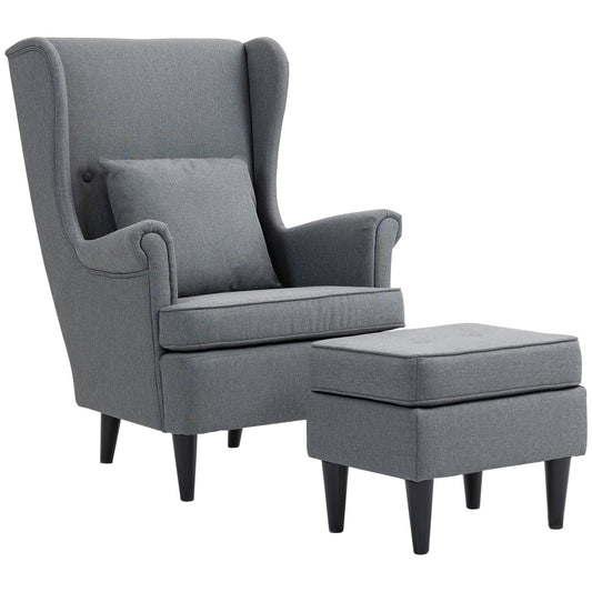Wingback Chair with Ottoman, Gray Fabric, Rubberwood Legs