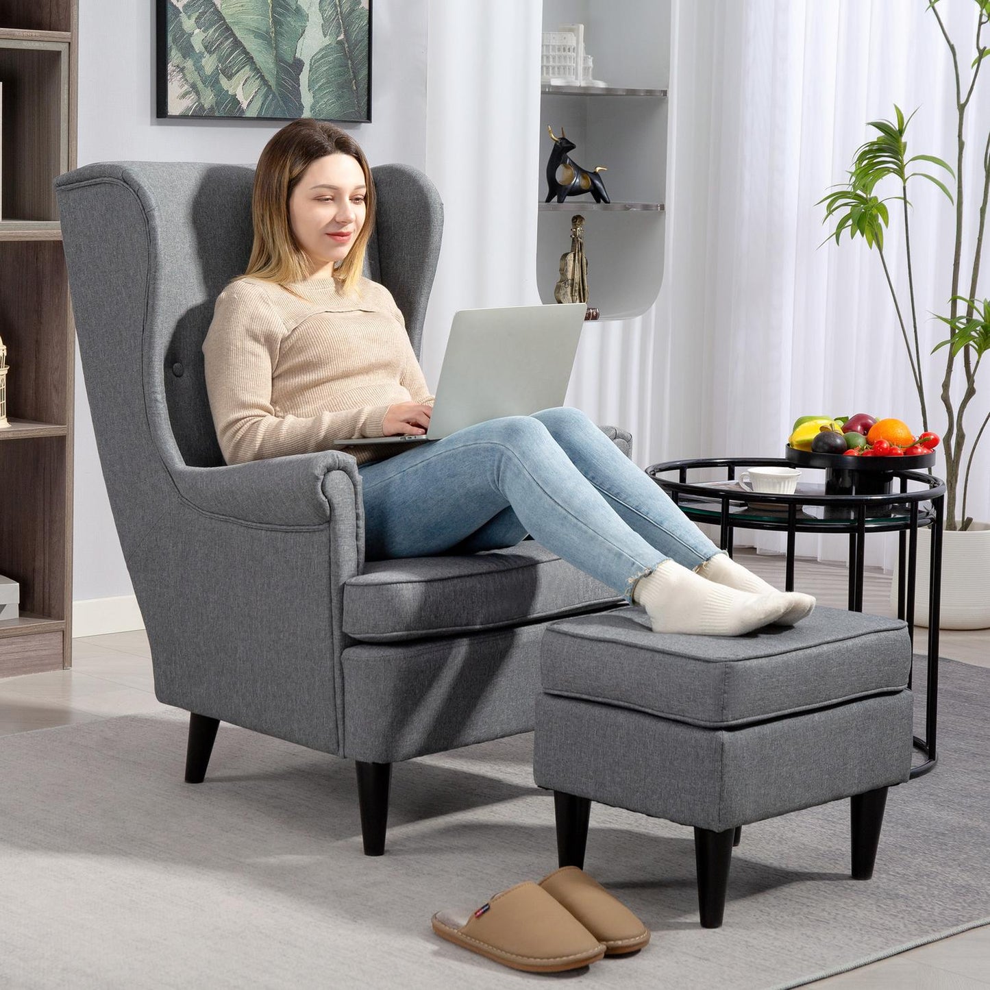 Wingback Chair with Ottoman, Gray Fabric, Rubberwood Legs