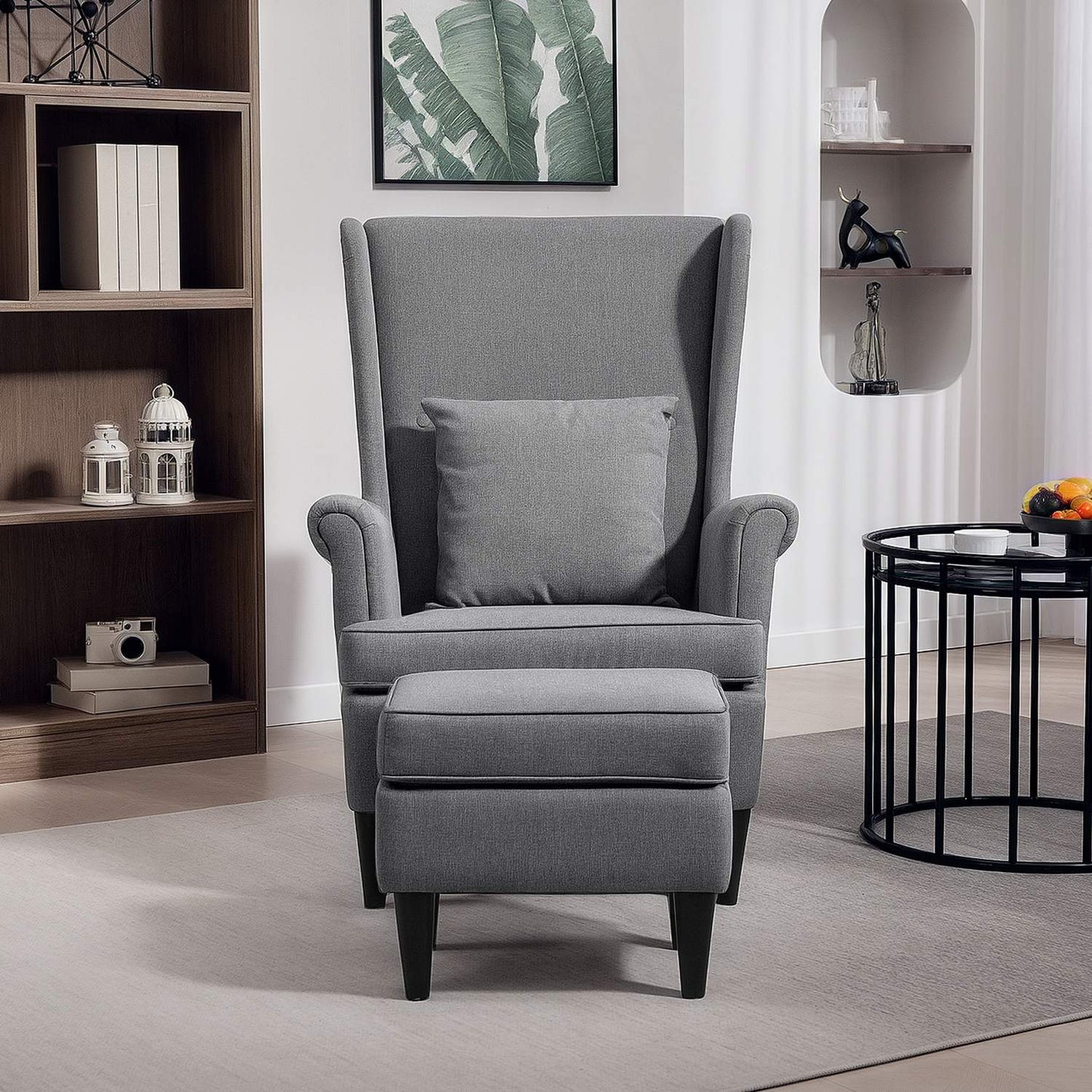 Wingback Chair with Ottoman, Gray Fabric, Rubberwood Legs
