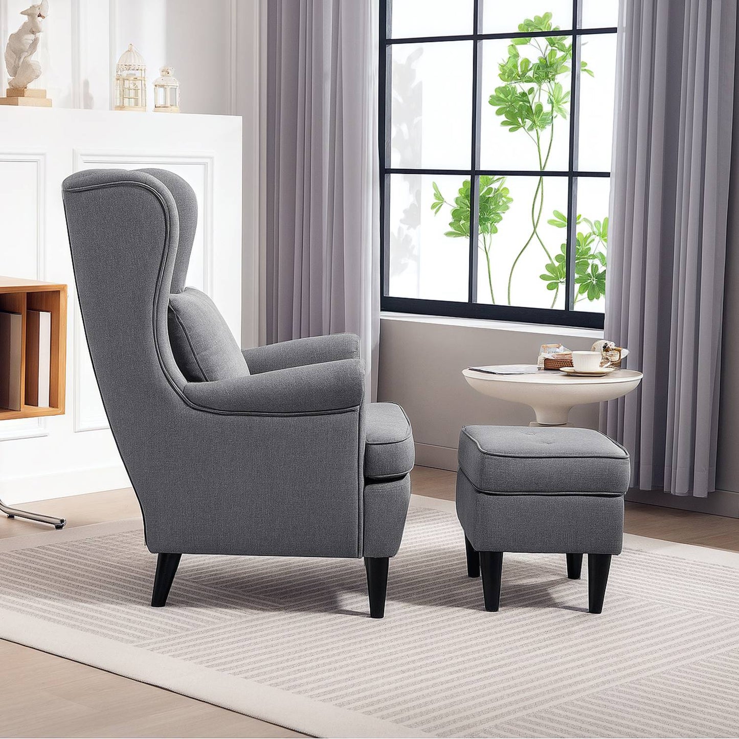 Wingback Chair with Ottoman, Gray Fabric, Rubberwood Legs