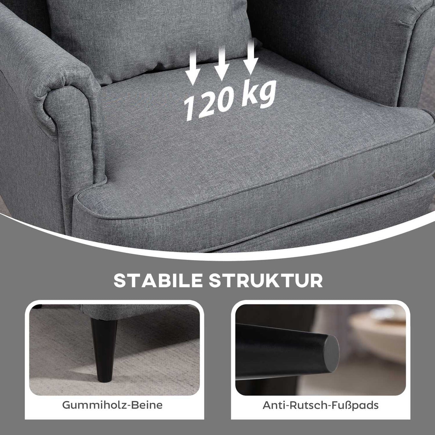 Wingback Chair with Ottoman, Gray Fabric, Rubberwood Legs