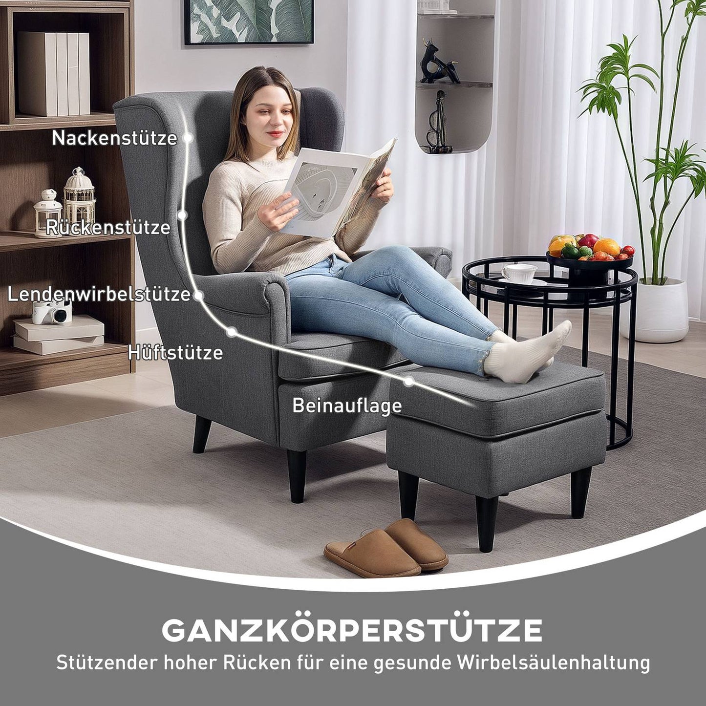Wingback Chair with Ottoman, Gray Fabric, Rubberwood Legs