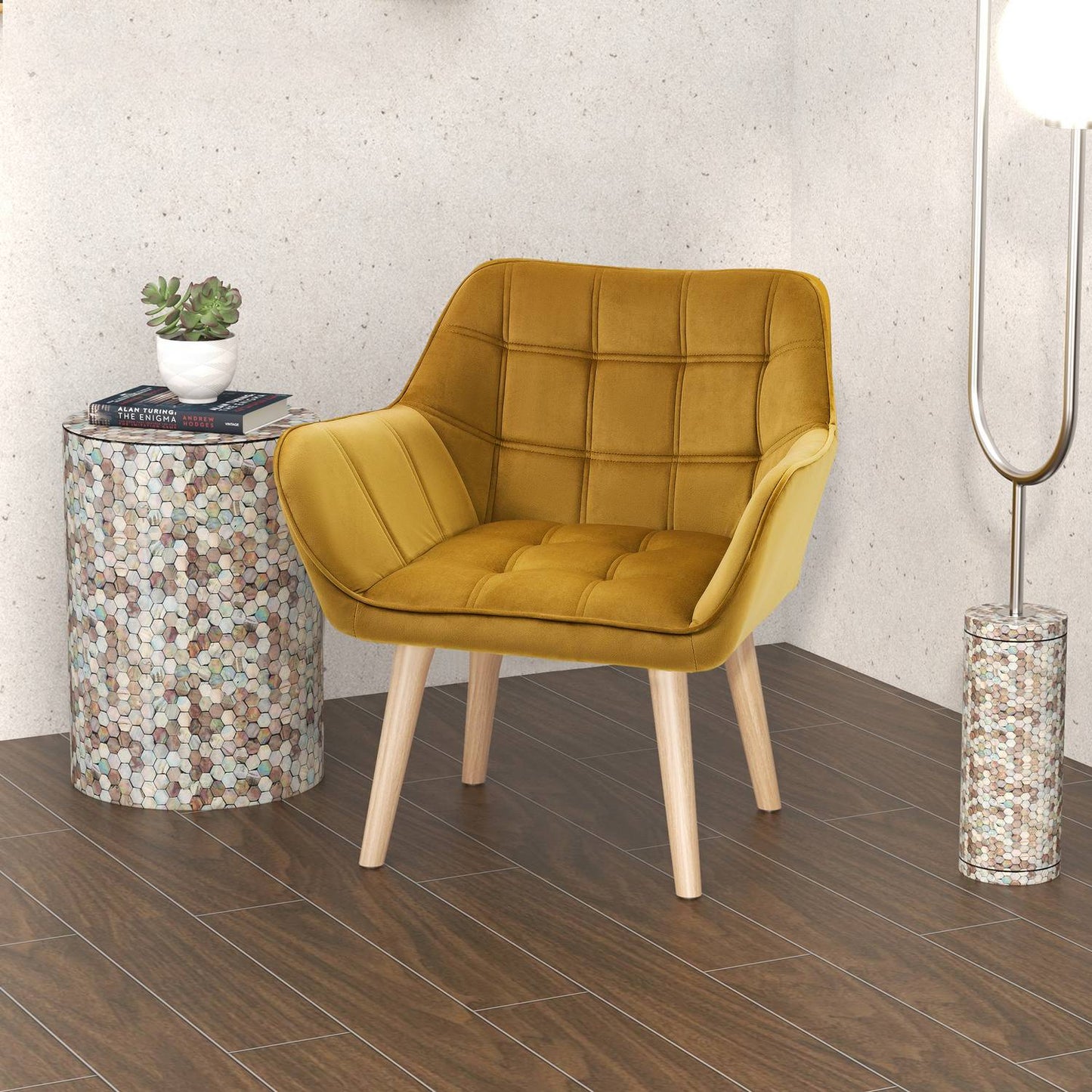 Yellow Velvet Scandinavian Wing Chair – 67x61.5x71 cm