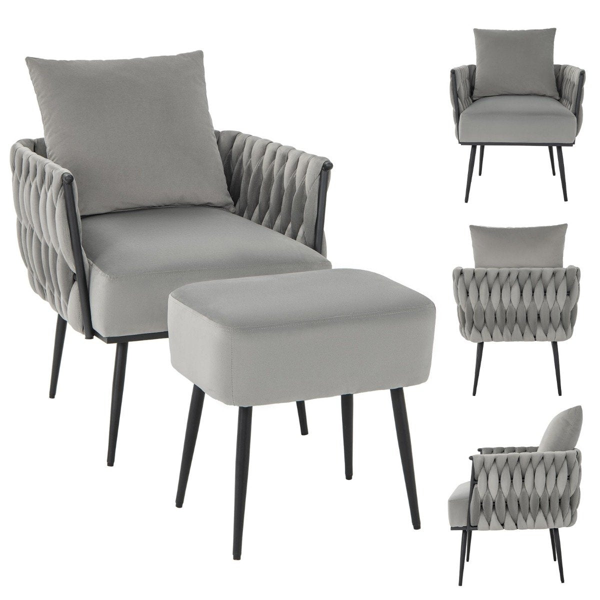 Wing chair with stool armchair with soft cushion braided backrest 58 cm seat depth gray