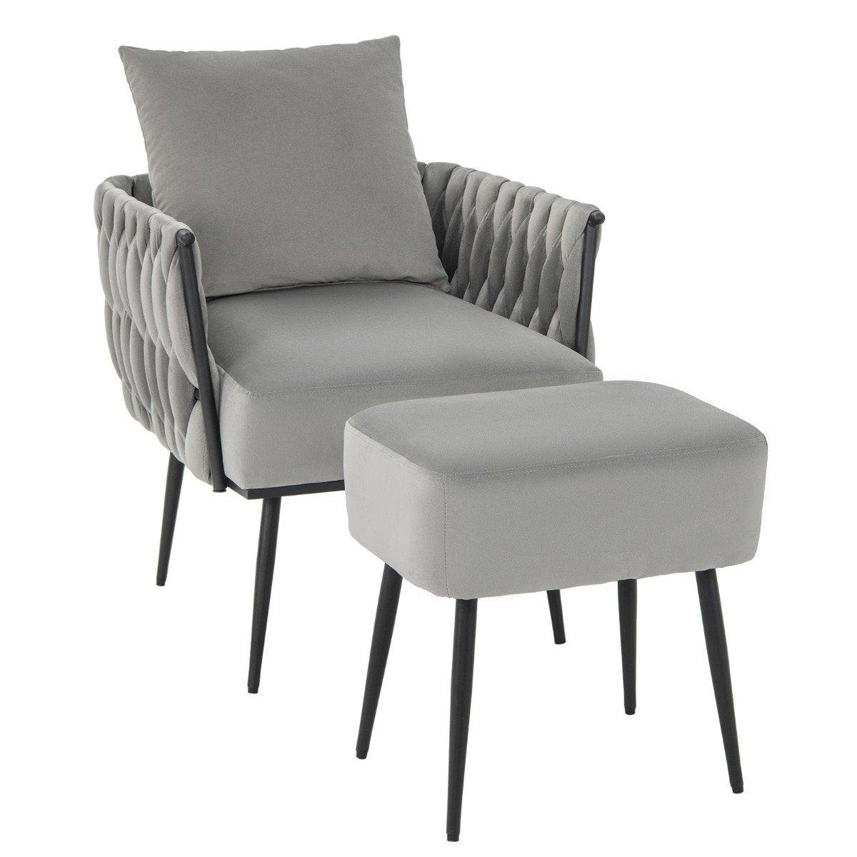 Wing chair with stool armchair with soft cushion braided backrest 58 cm seat depth gray