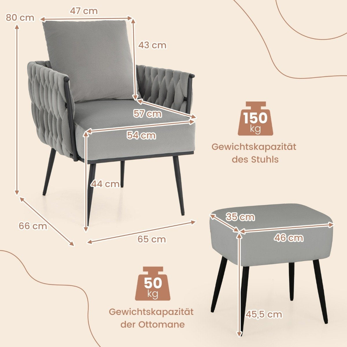 Wing chair with stool armchair with soft cushion braided backrest 58 cm seat depth gray