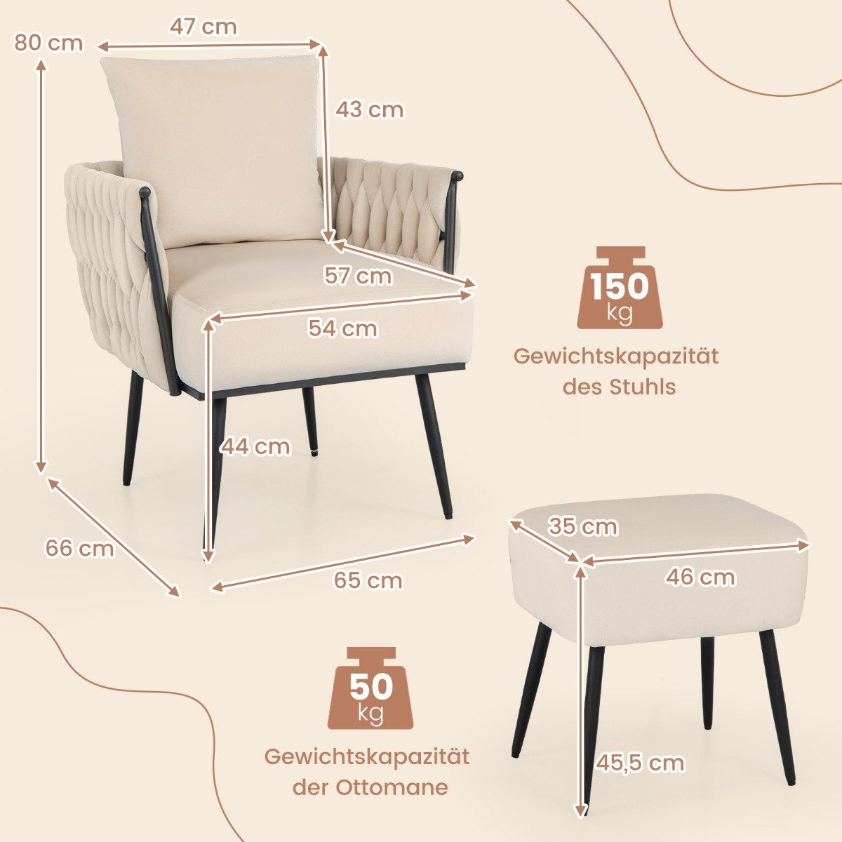 Wing chair with stool armchair with soft cushion braided backrest 58 cm seat depth white