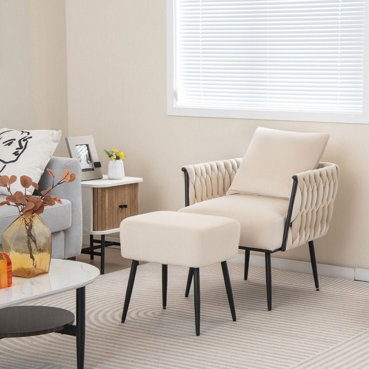 Wing chair with stool armchair with soft cushion braided backrest 58 cm seat depth white