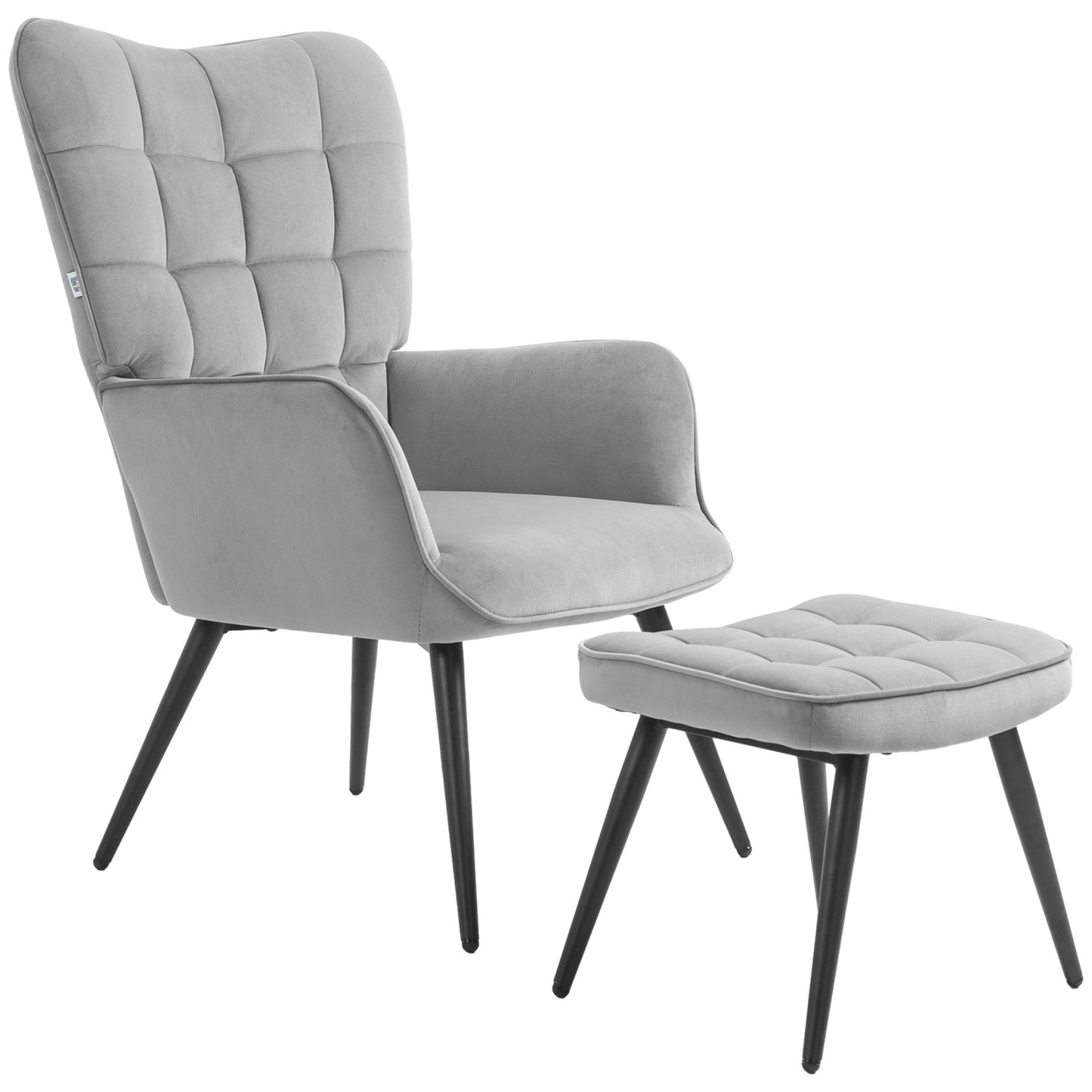 Lounge Wingback chair and stool, velvet look, light grey