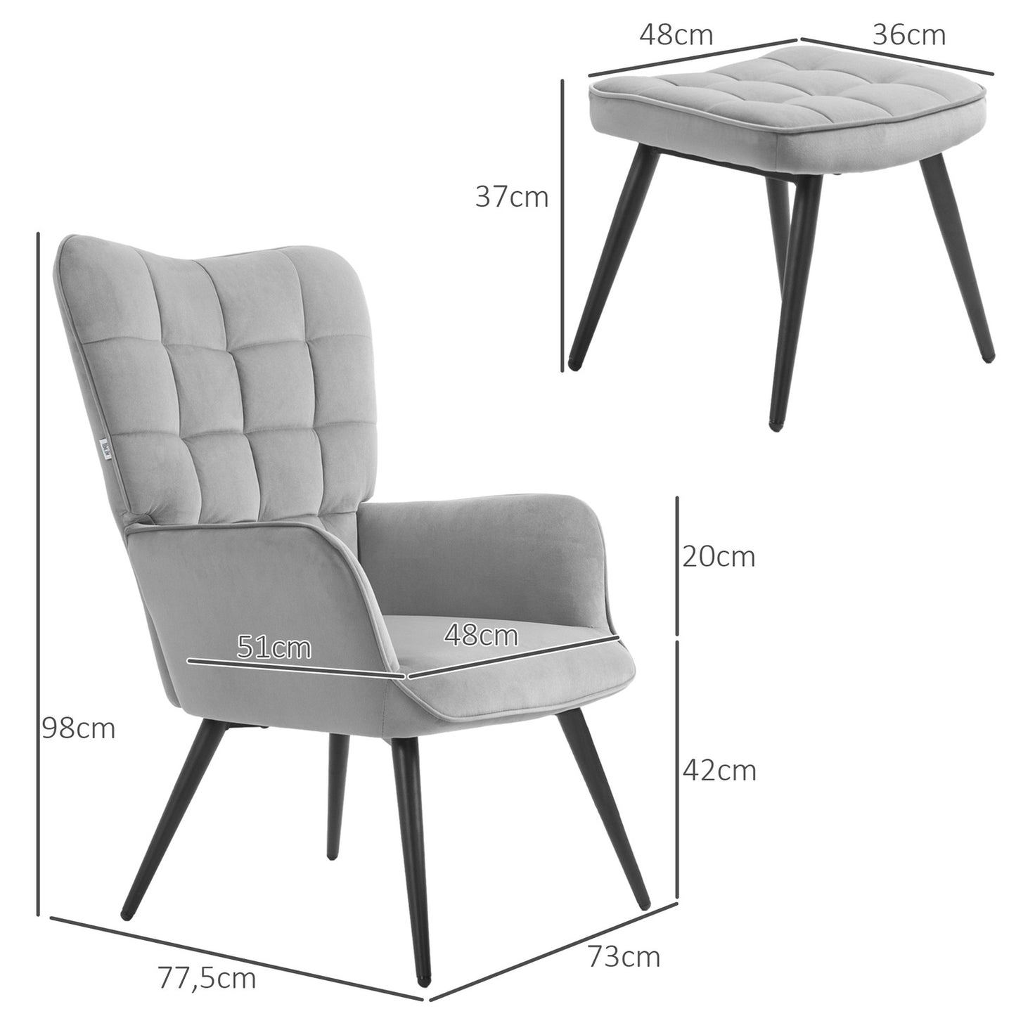 Lounge Wingback chair and stool, velvet look, light grey