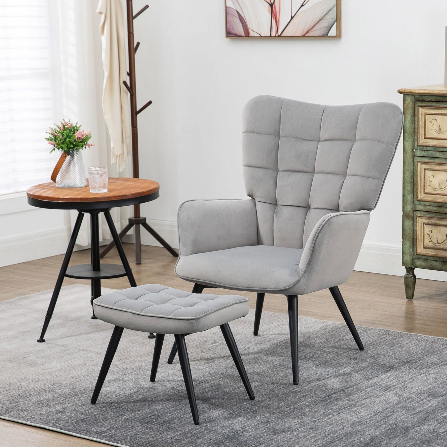 Lounge Wingback chair and stool, velvet look, light grey