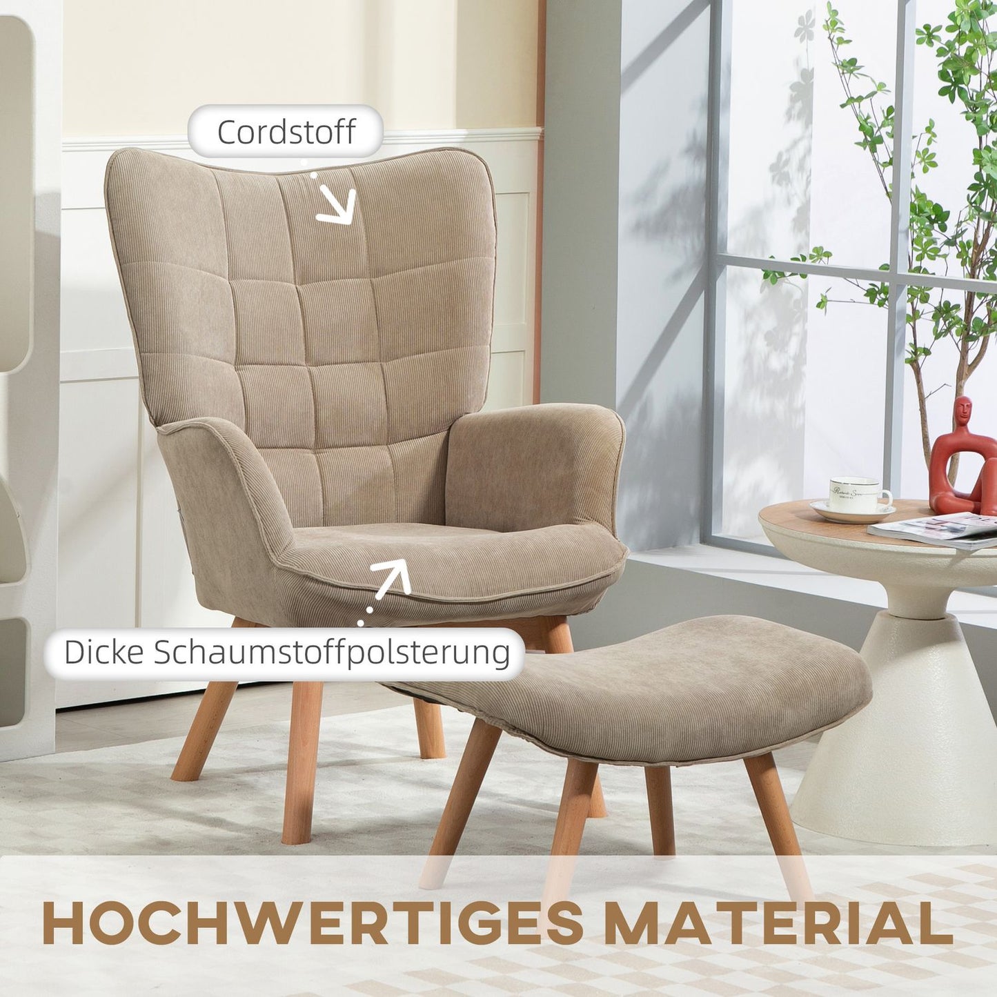 Brown corduroy Wing Chair & Stool Set - Relaxing lounge seating
