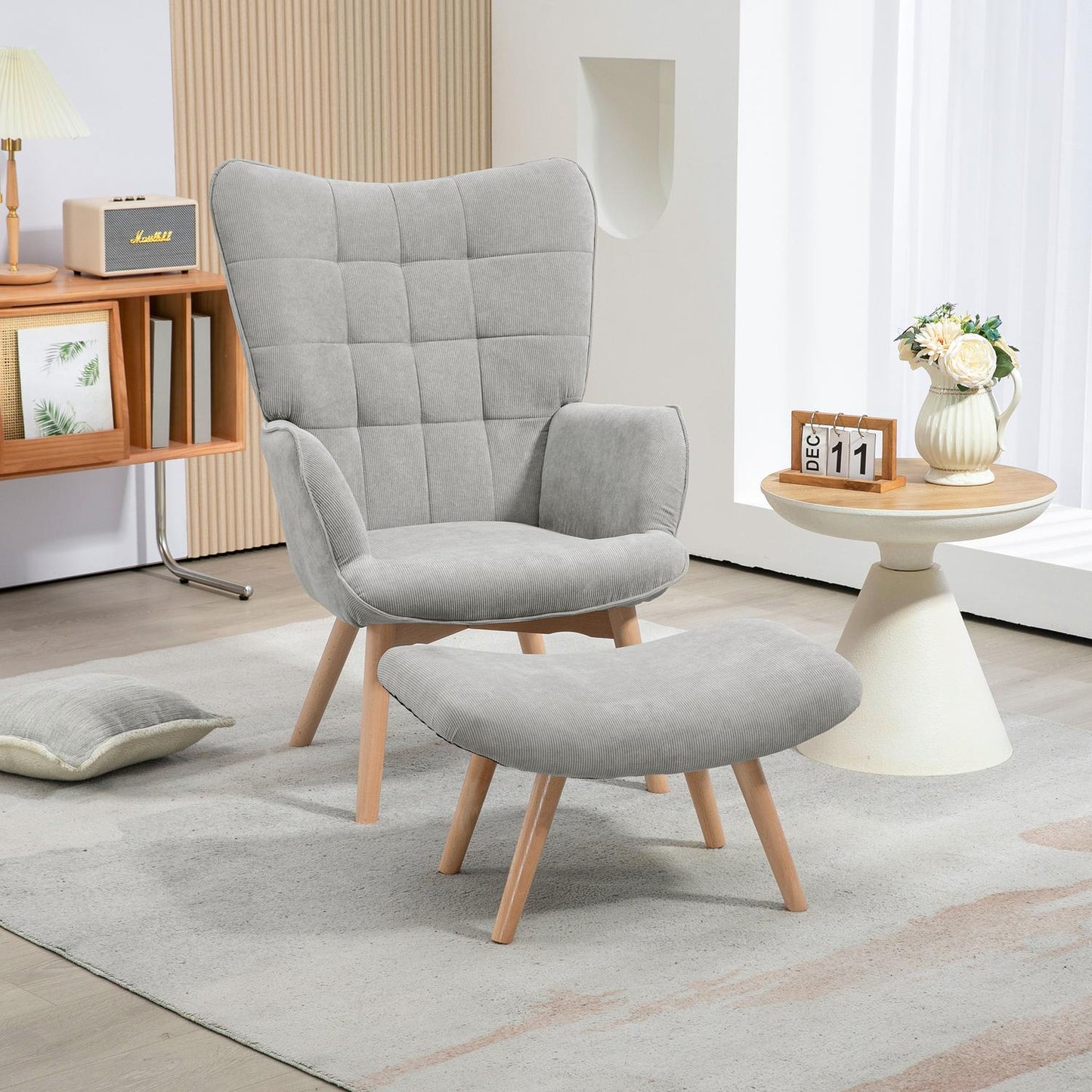 Gray Corduroy Wing Chair with Ottoman - Relaxation armchair