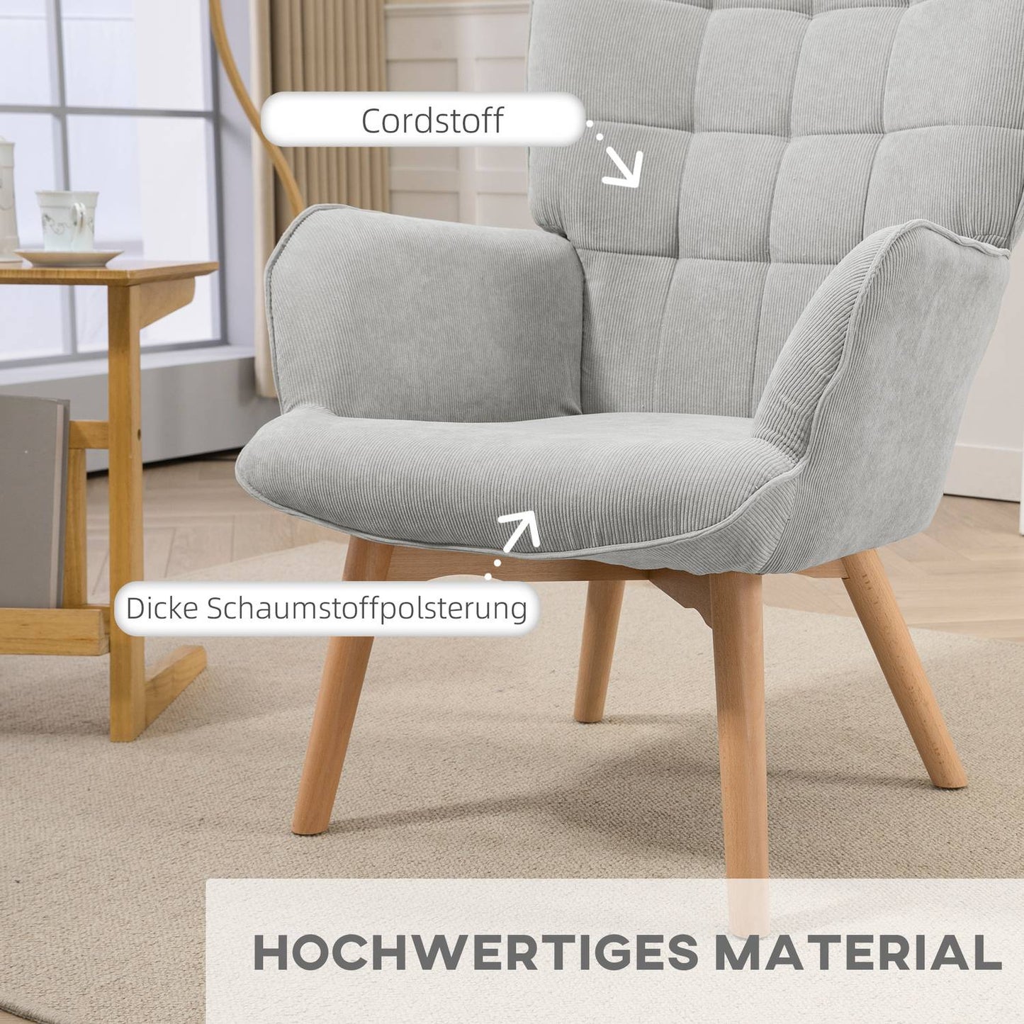 Gray Corduroy Wing Chair with Ottoman - Relaxation armchair