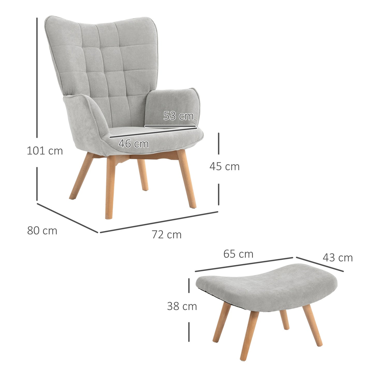 Gray Corduroy Wing Chair with Ottoman - Relaxation armchair