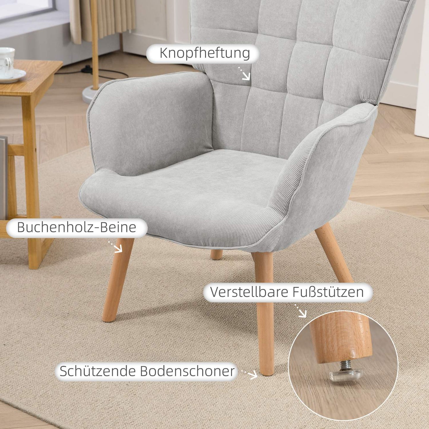 Gray Corduroy Wing Chair with Ottoman - Relaxation armchair
