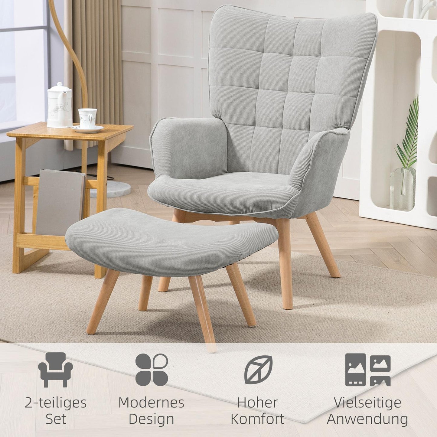 Gray Corduroy Wing Chair with Ottoman - Relaxation armchair