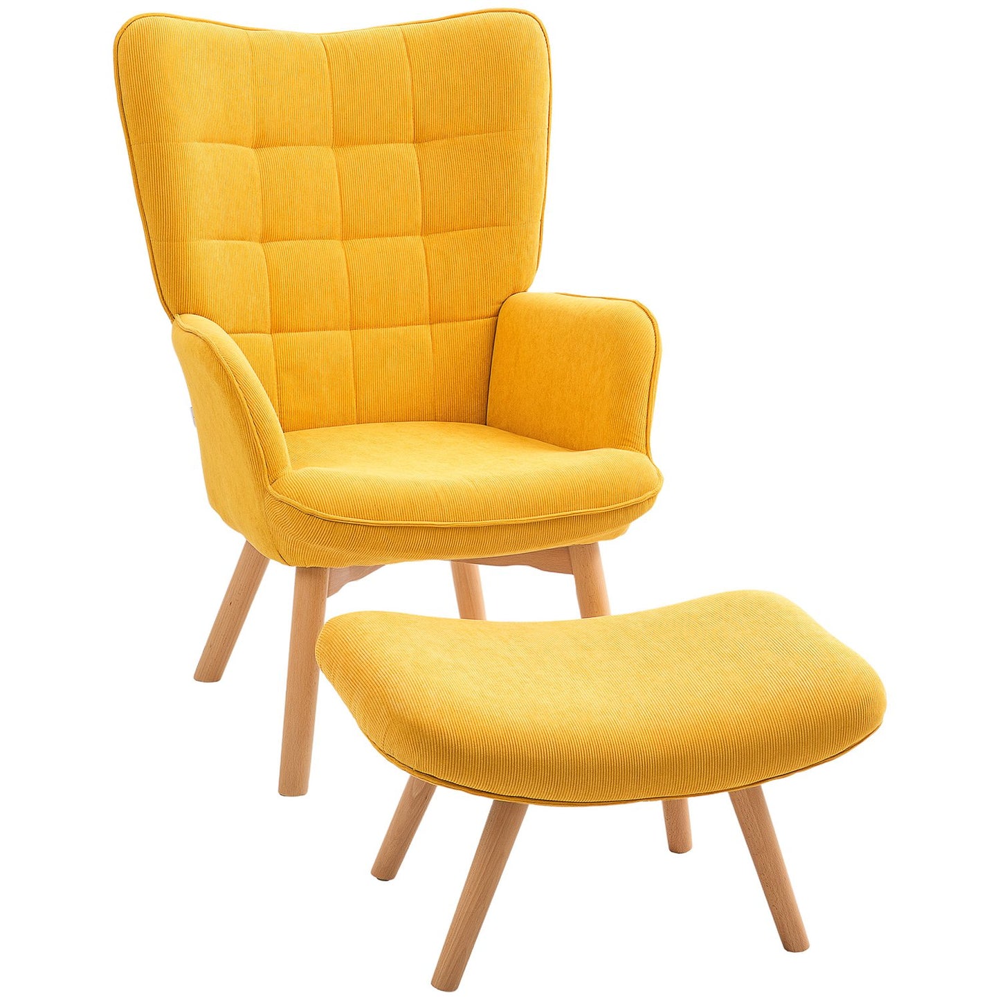 Orange corduroy wing chair with stool, wooden legs
