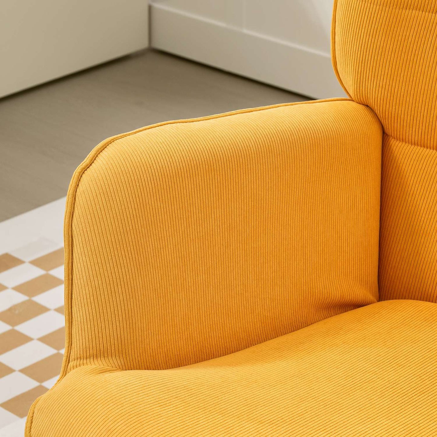 Orange corduroy wing chair with stool, wooden legs