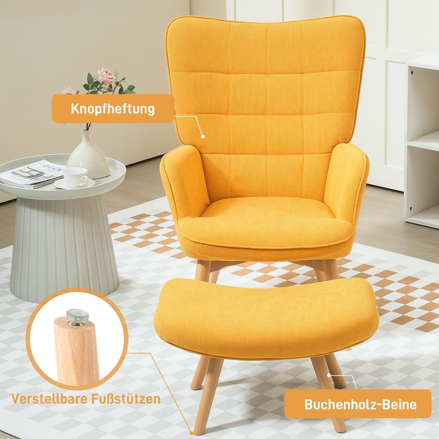 Orange corduroy wing chair with stool, wooden legs