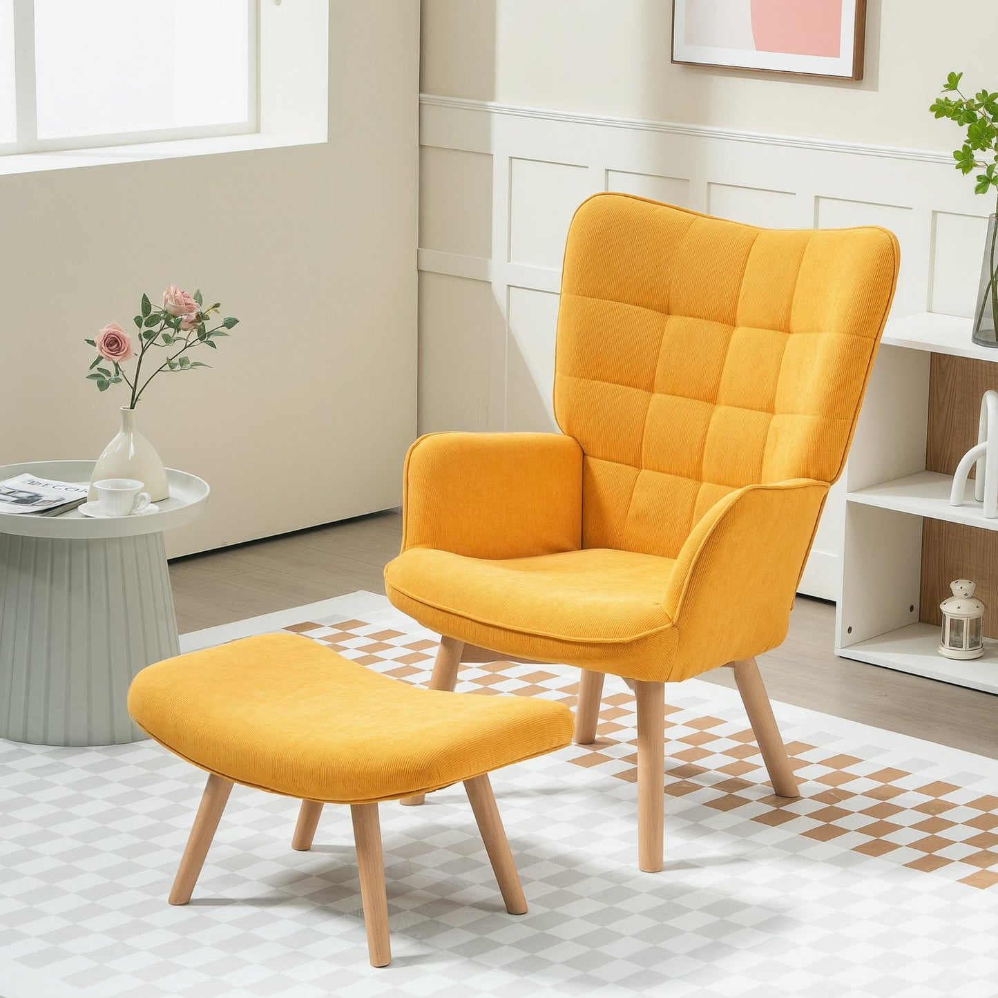 Orange corduroy wing chair with stool, wooden legs